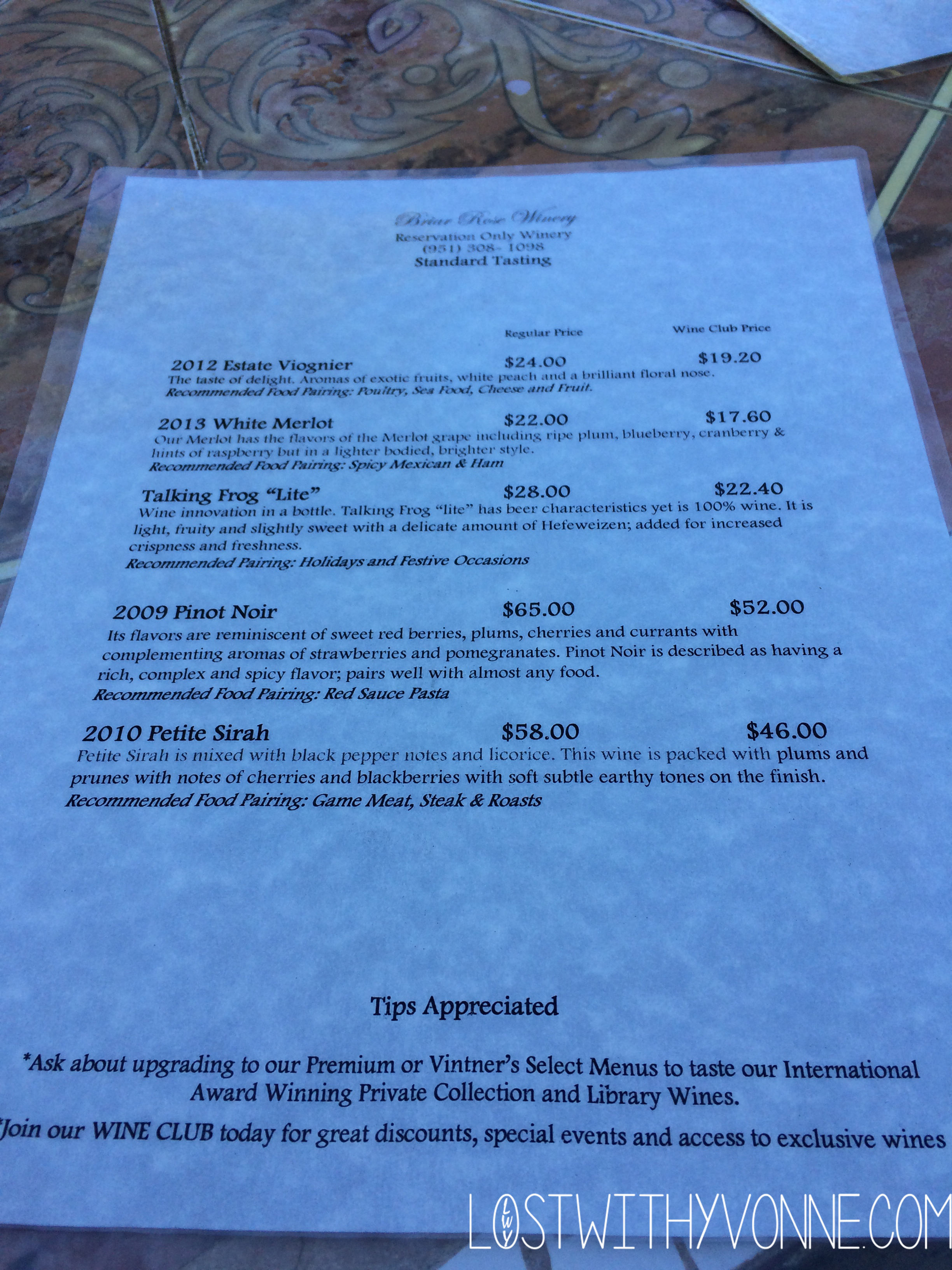 Briar Rose Menu